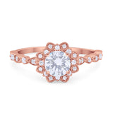 Art Deco Floral Style Wedding Engagemnet Ring Round Cubic Zirconia 925 Sterling Silver