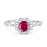 Art Deco Floral Style Wedding Engagemnet Ring Round Cubic Zirconia 925 Sterling Silver