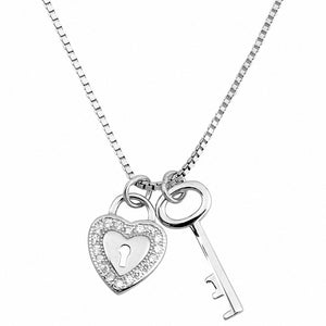 Key to Heart Necklace Round Simulated Cubic Zirconia 925 Sterling Silver