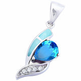 Pendant Charm Teardrop Pear Simulated Blue Topaz Round Cubic Zirconia 925 Sterling Silver (10mm)