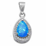 Halo Pendant Pear Teardrop Created Blue Opal 925 Sterling Silver