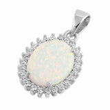 Halo Pendant Oval Created Opal Round Cubic Zirconia 925 Sterling Silver