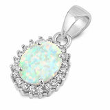 Halo Pendant Oval Lab Created Opal Round Cubic Zirconia 925 Sterling Silver (16mm)