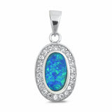 Halo Design Pendant Oval Created Opal Round Cubic Zirconia 925 Sterling Silver