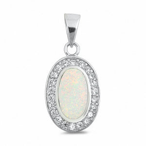 Halo Design Pendant Oval Created Opal Round Cubic Zirconia 925 Sterling Silver