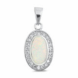 Halo Design Pendant Oval Created Opal Round Cubic Zirconia 925 Sterling Silver