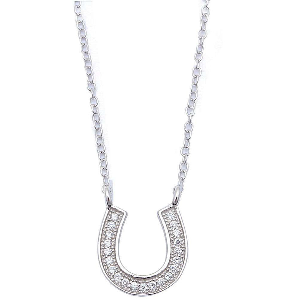 Horseshoe Necklace Pendant Round Cubic Zirconia 925 Sterling Silver Choose Color Horse Shoe - Blue Apple Jewelry