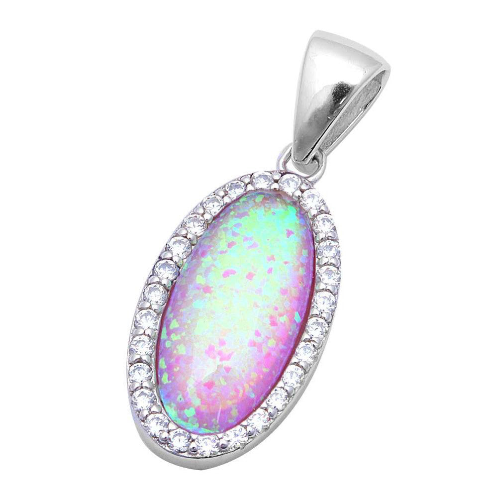 Halo Oval Pendant Lab Created Opal Round Cubic Zirconia 925 Sterling Silver Choose Color - Blue Apple Jewelry