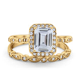 Two Piece Emerald Cut Ring Wedding Simulated Cubic Zirconia 925 Sterling Silver