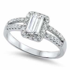 Halo Engagement Ring Split Shank Emerald Cut Round Cubic Zirconia 925 Sterling Silver Choose Color