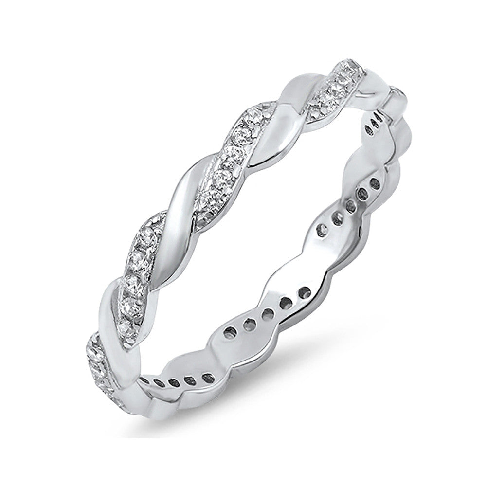 3mm Full Eternity Wedding Twisted Band Ring Round CZ 925 Sterling Silver - Blue Apple Jewelry