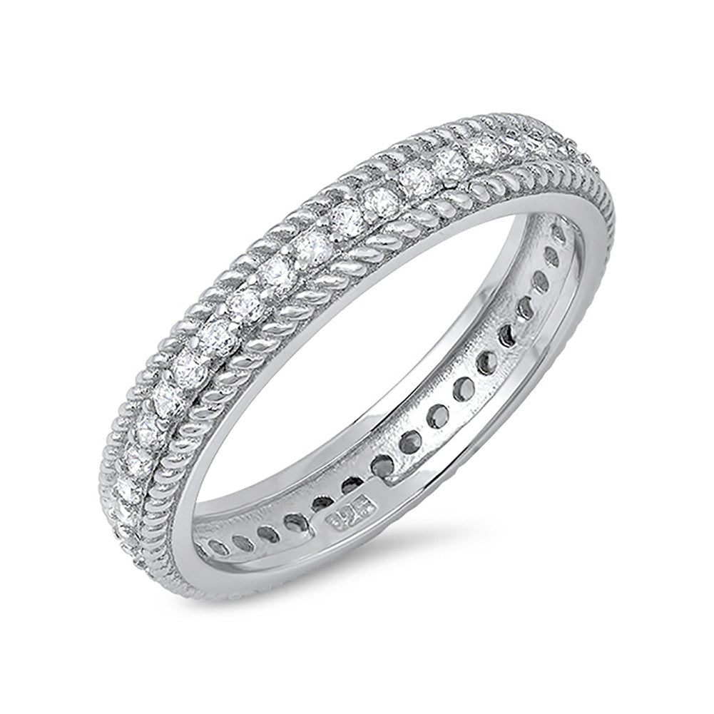 Rope Design Full Eternity Wedding Band Round Cubic Zirconia 925 Sterling Silver - Blue Apple Jewelry