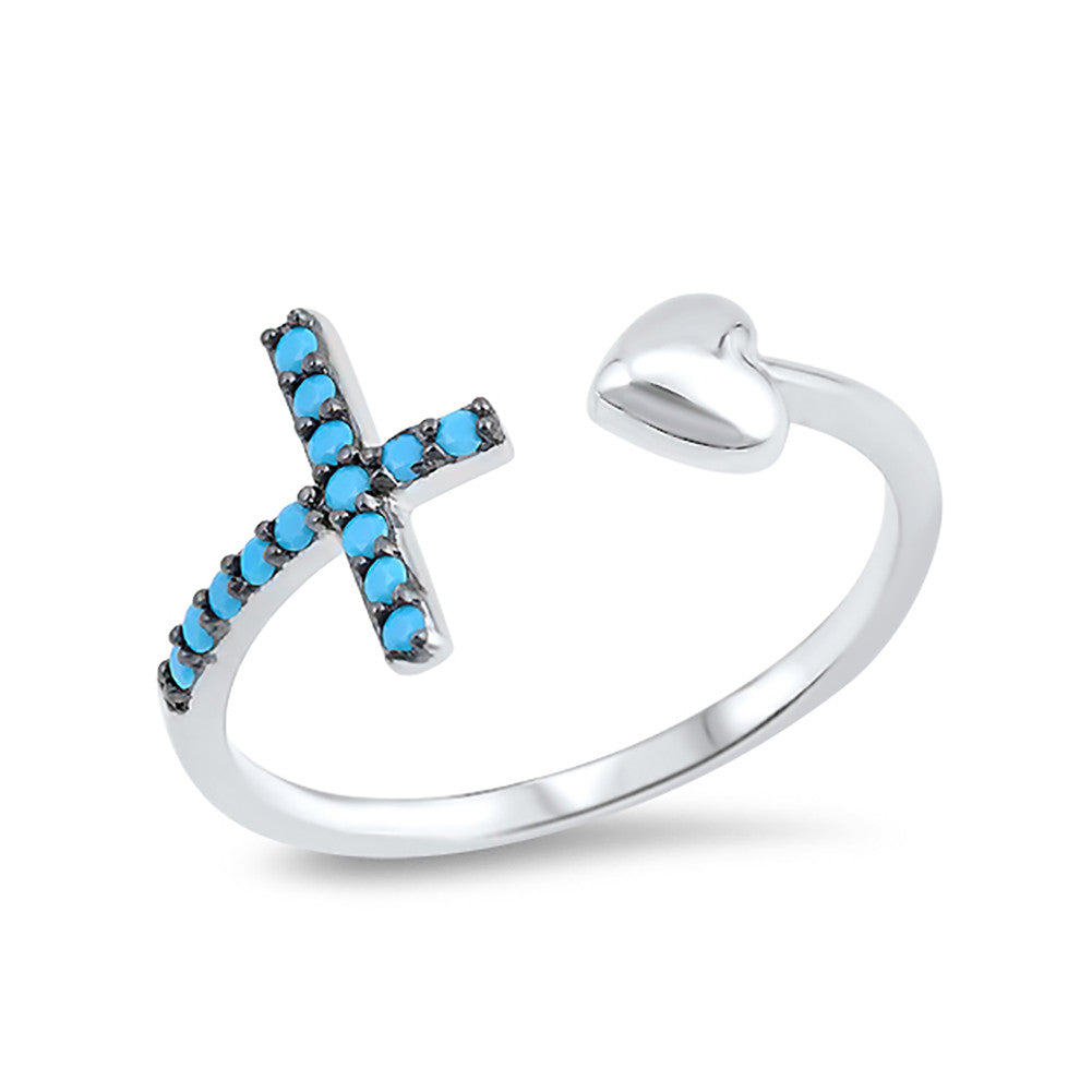 Cross and Heart Ring Simulated Facet Cut Nano Turquoise 925 Sterling Silver - Blue Apple Jewelry