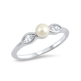 Engagement Ring Round Simulated Pearl Marquise Shape CZ 925 Sterling Silver (5mm)