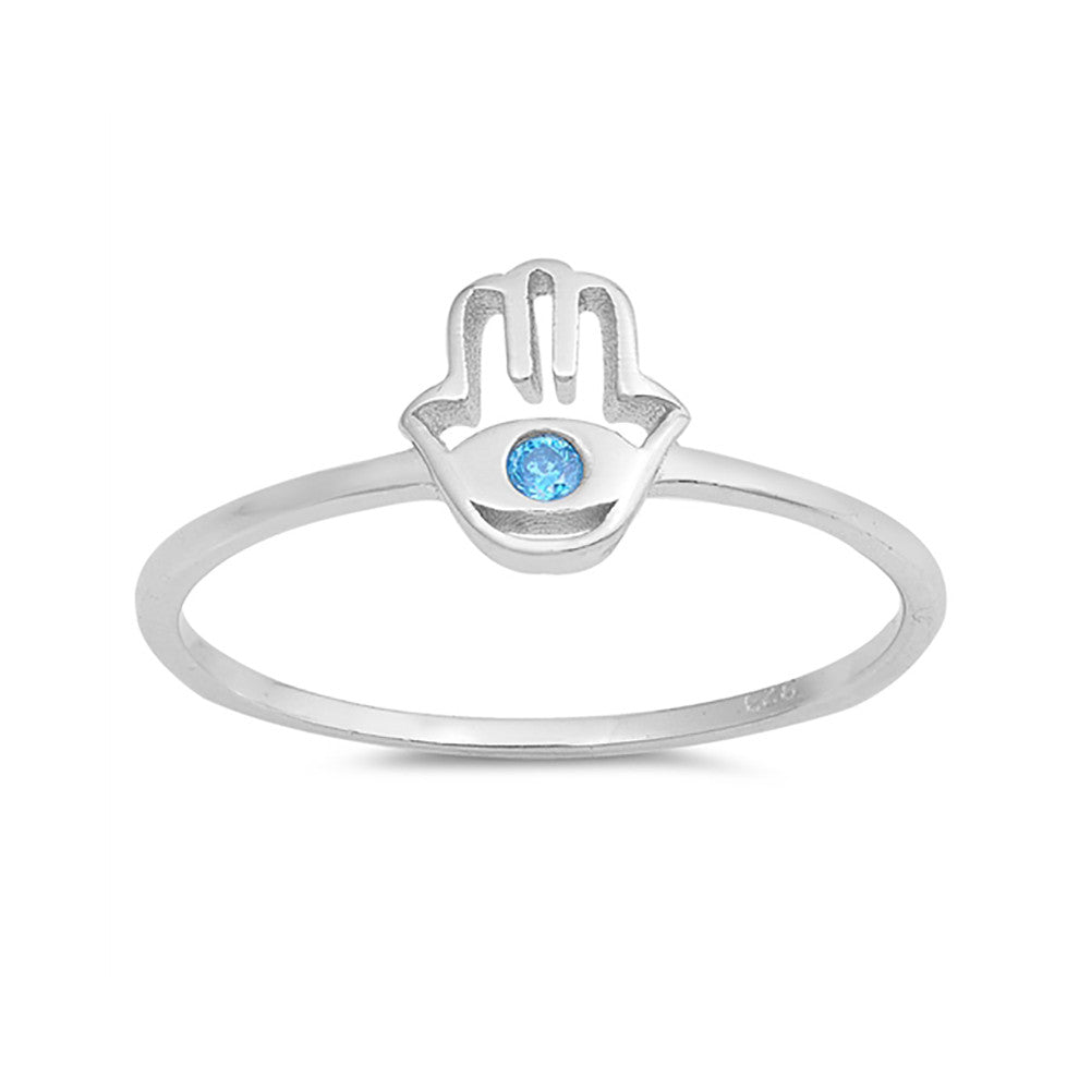 Hand of God Hamsa Band Ring Round Cut Simulated Blue Topaz 925 Sterling Silver - Blue Apple Jewelry