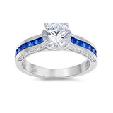 Engagement Ring Princess Cut Simulated Blue Sapphire Round CZ 925 Sterling Silver
