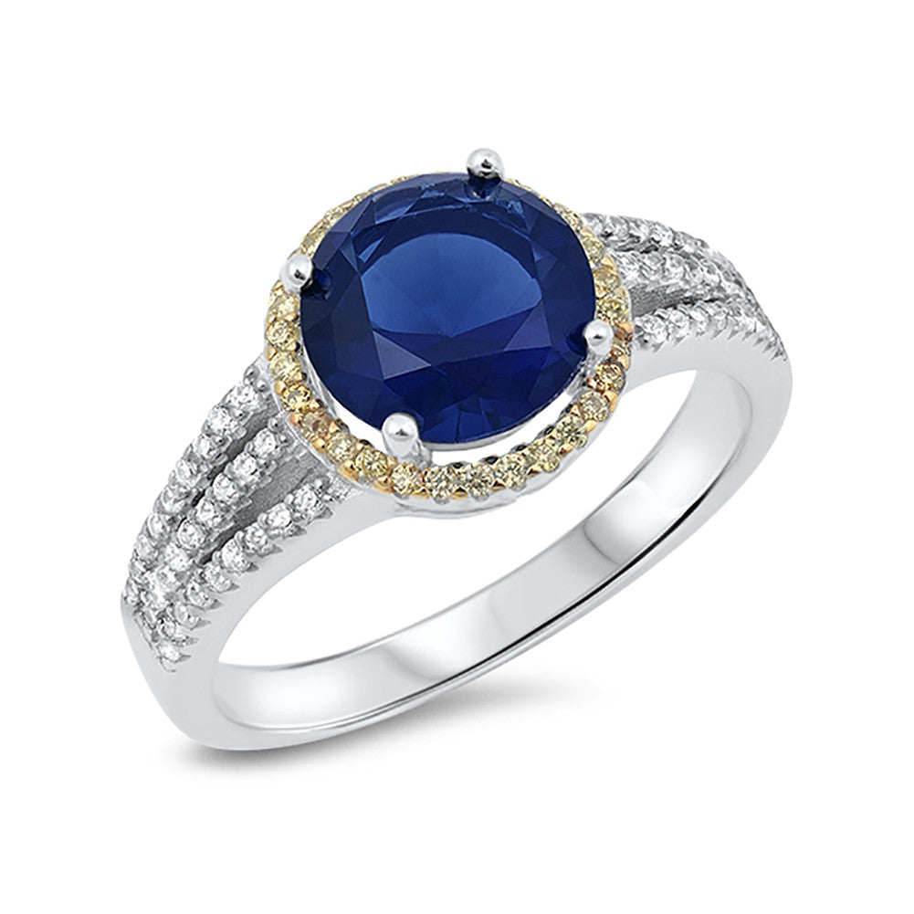 Halo Dazzling Split Shank Wedding Ring Simulated Blue Sapphire Round Yellow,Clear CZ 925 Sterling Silver - Blue Apple Jewelry