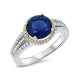 Halo Dazzling Split Shank Wedding Ring Simulated Blue Sapphire Round Yellow,Clear CZ 925 Sterling Silver