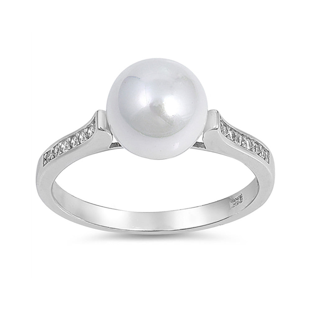Half Eternity Wedding Band Ring Round Simulated Pearl And CZ 925 Sterling Silver - Blue Apple Jewelry
