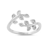 Fashion Bypass Wrap Design Leaf Ring Round Cubic Zirconia 925 Sterling Silver Leaves - Blue Apple Jewelry