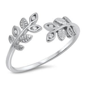 Leaves Ring Round Pave Simulated Cubic Zirconia 925 Sterling Silver Ferns Choose Color
