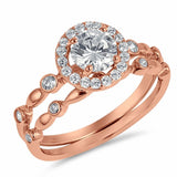 Halo Two Piece Wedding Engagement Bridal Set Round Cubic Zirconia 925 Sterling Silver