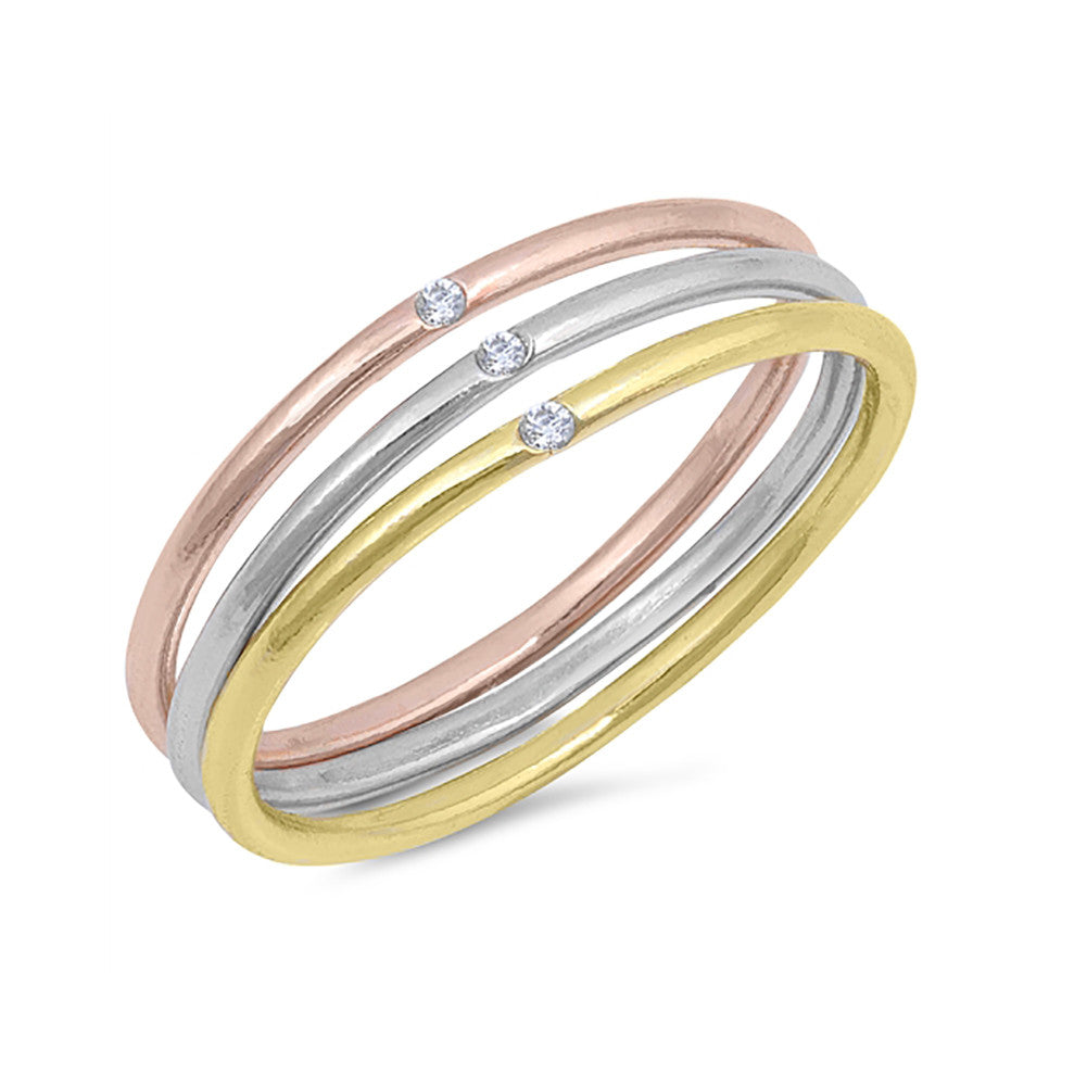 3mm Tri Tone Solitaire Set Wedding Band Rose,Yellow Gold Tone 925 Sterling Silver - Blue Apple Jewelry