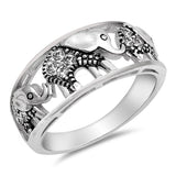 Sideways Elephants Band Ring Round Simulated 925 Sterling Silver Lucky Elephant
