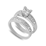 Wedding Engagement Bridal Set Princess Cut Cubic Zirconia 925 Sterling Silver Two Piece Ring Band