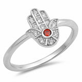 Hamsa Hamesh Hand of God Ring Round Simulated Garnet Cubic Zirconia 925 Sterling Silver