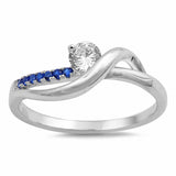 Fashion Ring Round Cubic Zirconia Simulated Blue Sapphire 925 Sterling Silver