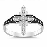Medieval Cross Ring Round Cubic Zirconia 925 Sterling Silver Black Finish Accent
