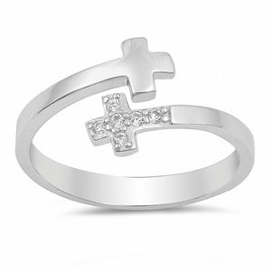 Bypass Wrap Design Ring Double Cross Round Cubic Zirconia 925 Sterling Silver