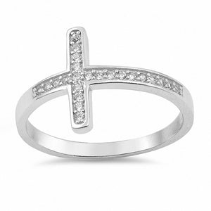 Sideways Cross Ring Round Pave Cubic Zirconia 925 Sterling Silver