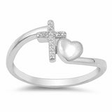 Cross and Heart Ring Round Cubic Zirconia 925 Sterling Silver