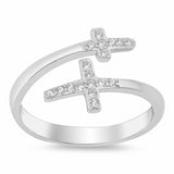 Bypass Wrap Design Double Cross Ring Round Cubic Zirconia 925 Sterling Silver