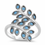 Fashion Bypass Wrap Design Fern Leaf Ring Leaves Round Simulated Nano Turquoise 925 Sterling Silver (22mm)