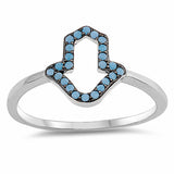 Hamsa Ring Round Simulated Nano Turquoise 925 Sterling Silver