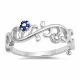 Flower Ring Round Simulated Blue Sapphire 925 Sterling Silver Choose Color