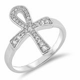 Cross Ankh Eternity Ring Round Simulated CZ 925 Sterling Silver
