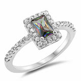 Halo Engagement Ring Radiant Rainbow Cubic Zirconia Round 925 Sterling Silver Choose Color