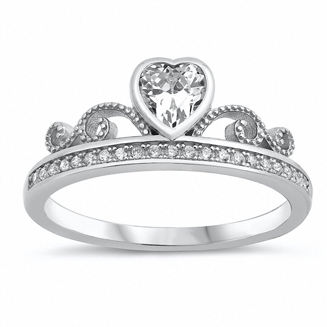 Filigree Heart Crown Promise Ring Heart Round Cubic Zirconia 925 Sterling Silver Choose Color 5 Simulated CZ
