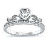Filigree Heart Crown Promise Ring Heart Round Cubic Zirconia 925 Sterling Silver Choose Color