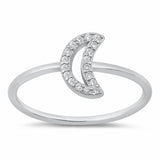 Crescent Open Moon Ring Round Cubic Zirconia 925 Sterling Silver Choose Color