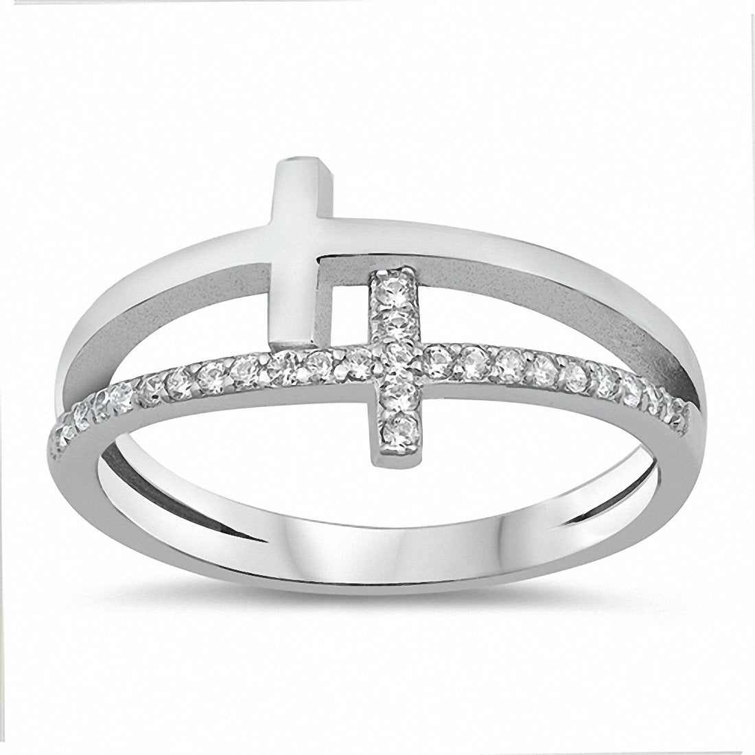 Double Sideways Cross Ring Double Cross Round Cubic Zirconia 925 Sterling Silver Choose Color