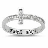 Faith Hope Sideways Cross Ring Round Cubic Zirconia 925 Sterling Silver Choose Color