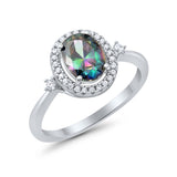 Art Deco Oval Wedding Engagement Ring Halo Round Simulated Cubic Zirconia 925 Sterling Silver