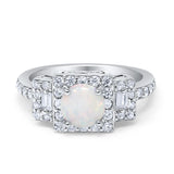 Halo Wedding Engagement Ring Round Created Opal Baguette Round Cubic Zirconia 925 Sterling Silver Choose Color