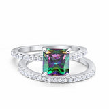 Two Piece Wedding Engagement Ring Band Asscher Cut Simulated Cubic Zirconia 925 Sterling Silver Choose Color