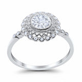 Halo Engagement Ring Bezel Art Deco Round Cubic Zirconia 925 Sterling Silver